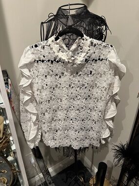 Women's White Crochet Lace Ruffle Blouse